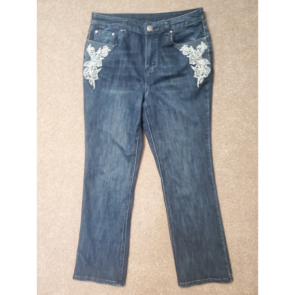 Christopher & Banks‎ Jeans Womens 8 Blue Denim White EMBROIDERED Floral